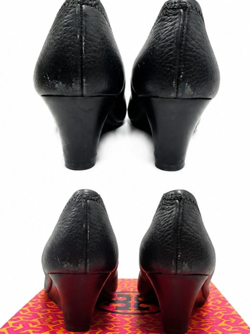 Tory Burch Black Leather Peep-Toe Wedges with Silver Logo Medallion